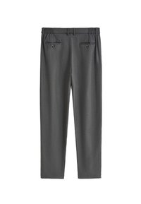 Pantalons gris avec une taille élastique, comportant deux poches arrière avec des boutons, des jambes fuselées et un tissu lisse et texturé.