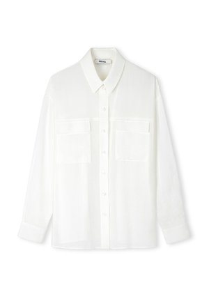 Camisa blanca de botonadura con cuello, dos bolsillos en el pecho, mangas largas y una textura suave. Confeccionada con material ligero.