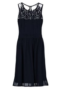 Marinblå klänning med blommig spets-bodice, rund hals, ärmlös design och en utsvängd kjol, med en genomskinlig detalj vid fållen.