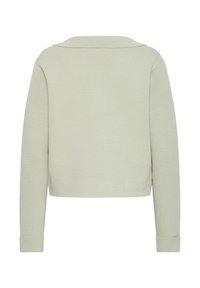 Hele roheline lühendatud kampsun tekstuurse kudumiga, pikad varrukad ja lai krae. Varrukaotsad on üles rullitud.