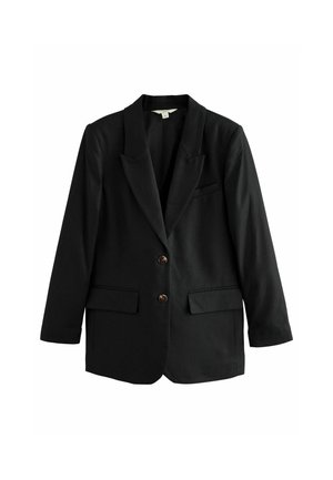 Black blazer made of textured fabric, featuring a notched lapel, two front pockets, and two brown buttons. Tailored fit with long sleeves.