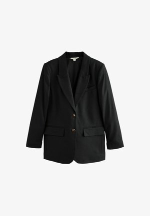 Juodas švarkas, pagamintas iš tekstūruoto audinio, su iškirptėmis atlapėmis, dviem priekinėmis kišenėmis ir dviem rudos spalvos mygtukais. Tinkamas prigludimas su ilgomis rankovėmis.