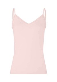 Camisole rose clair avec de fines bretelles réglables, décolleté en V et couture texturée le long du bord supérieur. Tissu doux et extensible.