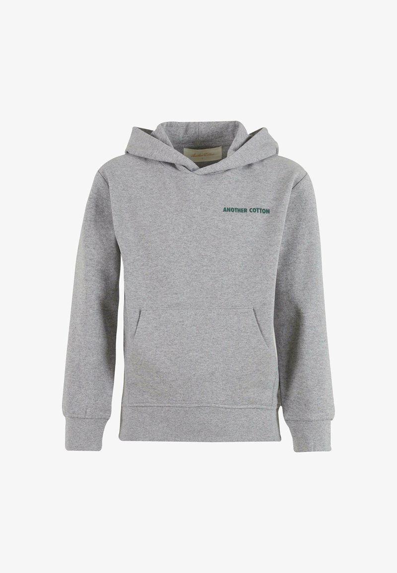 Szürke pamut kapucnis pulcsi elülső zsebbe, húzózsinórral ellátott kapucnival, és sötétzöld "ANOTHER COTTON" felirattal a bal felső mellrészen.