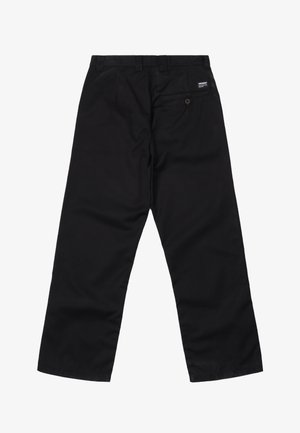 Sorte bukser med lige ben, lavet af glat stof. Baglommen har et lille mærke. Enkel finish, uden mønstre eller accenter.