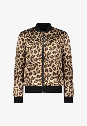 Bomberjack met luipaardprint, zwarte geribbelde kraag, manchetten en zoom, voorzien van een ritssluiting aan de voorkant.
