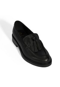 Schwarzer Lederloafer mit Quasten-Detail, abgerundetem Zehenbereich und strukturiertem Gummisohle. Verfügt über eine glatte Oberfläche und dezente Nähte.