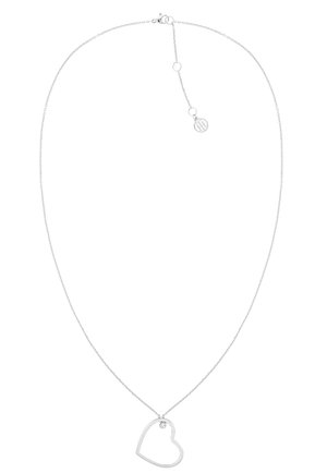 Zilveren ketting met een open hartvormige hanger en een kleine ronde kristal vlak bij de bovenste binnenrand.