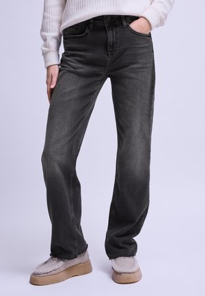 Zwarte denim jeans met een recht gesneden pasvorm, voorzien van een sluiting met knopen aan de voorkant, een vijf-pocket ontwerp en lichte vervagingselementen.
