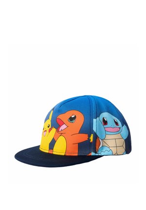 Blaues und schwarzes Baseballcap mit den Cartoonfiguren Pikachu, Glumanda und Schiggy aus Pokémon auf der Vorder- und Seitenpartie.