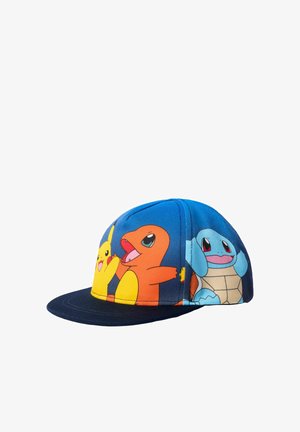 Blaues und schwarzes Baseballcap mit den Cartoonfiguren Pikachu, Glumanda und Schiggy aus Pokémon auf der Vorder- und Seitenpartie.