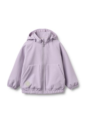 Lilla hættetrøje med lynlås foran, to store forlommer, elastiske ærmeender og et rundt refleksmærke på venstre lomme.