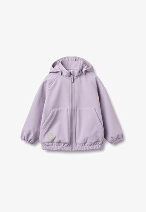 Veste à capuche lilas avec fermeture éclair frontale, deux grandes poches avant, poignets élastiques et un patch réfléchissant rond sur la poche gauche.