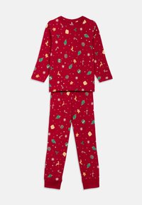 Conjunto de pijama de manga larga rojo con patrones navideños en blanco y verde, que incluyen árboles, hombres de jengibre y bastones de caramelo. Ajuste suave y relajado.