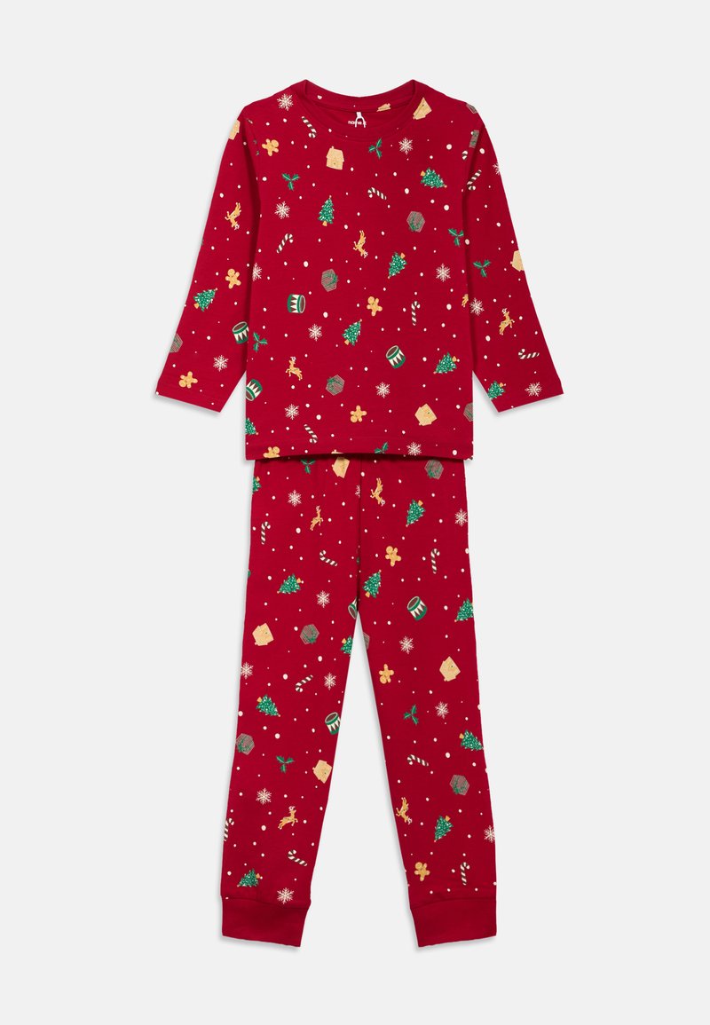Conjunto de pijama de manga larga rojo con patrones navideños en blanco y verde, que incluyen árboles, hombres de jengibre y bastones de caramelo. Ajuste suave y relajado.