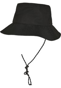 Schwarzer Bucket Hat aus strukturiertem Stoff mit breiter Krempe. Verfügt über einen verstellbaren schwarzen Kordelzug mit einem Zugverschluss zur sicheren Befestigung.