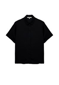 Korte mouwen zwarte shirt van een gladde stof. Voorzien van een knoopsluiting aan de voorkant en een klassieke kraag. Eenvoudig ontwerp met een relaxed fit.