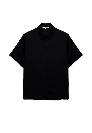 Kurzärmliges schwarzes Hemd aus glattem Stoff. Mit Knopfverschluss und klassischem Kragen. Einfaches Design mit entspannter Passform.