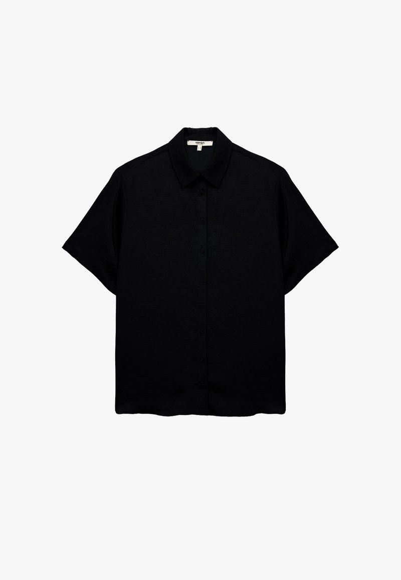 Short-sleeve black shirt made of a smooth fabric. Features a button front and a classic collar. Simple design with a relaxed fit.