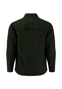 Dunkelgrünes Cordhemd mit langen Ärmeln, einem Button-Down-Kragen und abgerundetem Saum. Verfügt über eine gerippte Textur und ein Rückenstegdetail.