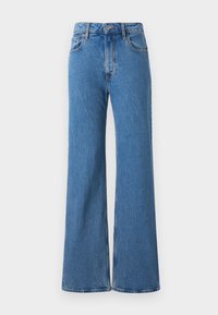 Wide-leg blue denim jeans with a high waist, featuring a classic five-pocket design and raw hem detailing, made from textured cotton fabric.