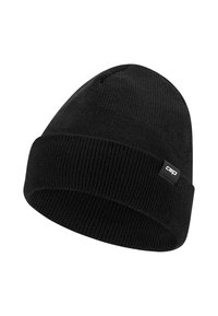 Zwarte gebreide beanie met omgeslagen rand en klein rechthoekig wit CEP-logo aan de zijkant van de rand op een witte achtergrond.