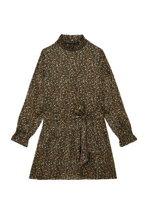 Langärmliges, hochgeschlossenes Blumenkleid mit kleinen orangefarbenen und weißen Blumen auf dunklem Stoff, mit einem gebundenen Taillengürtel.