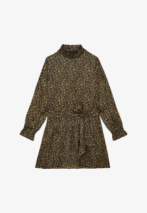 Hosszú ujjú, magas nyakú virágos ruha kis narancssárga és fehér virágokkal sötét anyagon, megkötős derékpánttal.