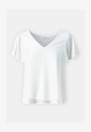 V-neck white top with short, flowing sleeves. Made from a smooth fabric, featuring a slightly sheer hemline and relaxed fit.