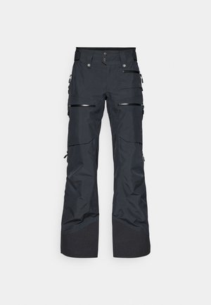 Black waterproof ski pants with a straight fit. Features multiple zippered pockets and reinforced cuffs. Made from durable, textured fabric.