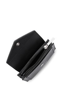 Black leather wallet with a textured exterior. Features a secure snap closure, multiple card slots, and a zippered compartment.