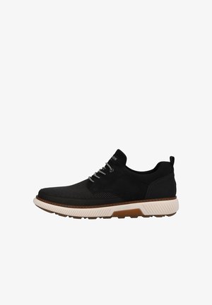 Schwarzer Mesh-Sneaker mit grauen Schnürsenkeln, Gummisohle mit strukturierten Akzenten und einer kontrastierenden, hellen Zwischensohle.