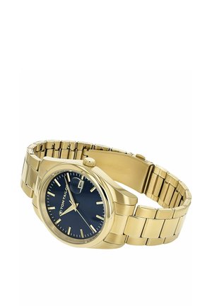 Gold metal wristwatch with black face, silver hour markers, three hands, date window, and linked bracelet band.