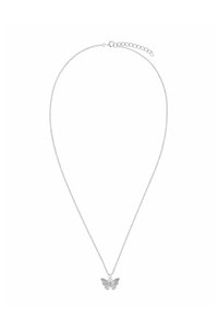 Collana d'argento con pendente a forma di farfalla, caratterizzata da dettagli intricati, catena delicata e gancio regolabile sul retro.