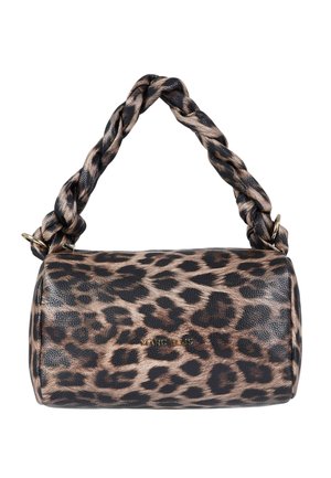 Borsa a forma cilindrica con stampa leopardata e manico intrecciato spesso, con piccolo logo dorato "Marc Ellis" sulla parte anteriore.
