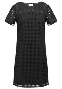 Vestido negro con mangas cortas, con un patrón perforado y un corte recto. Hecho de material ligero con un escote redondeado.
