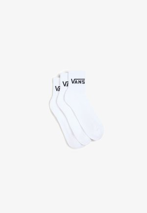 Tres pares de calcetas de algodón blancas con una longitud hasta la mitad de la pantorrilla y el logo negro de "VANS" en los puños acanalados. Textura suave, diseño sencillo.