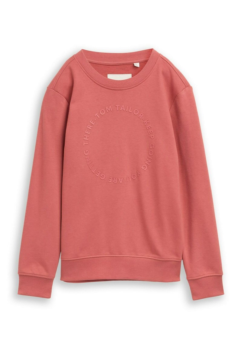 Roze sweatshirt met een ronde halslijn en lange mouwen. Heeft geperst tekst in een cirkelvormig patroon. Gemaakt van zacht, gestructureerd materiaal.