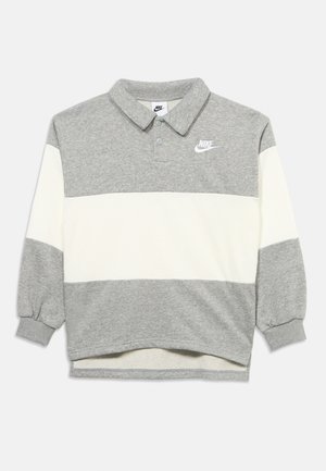 Grey and white long-sleeve Nike pullover with a collar, two buttons, ribbed cuffs, and a white Nike logo on the left chest.