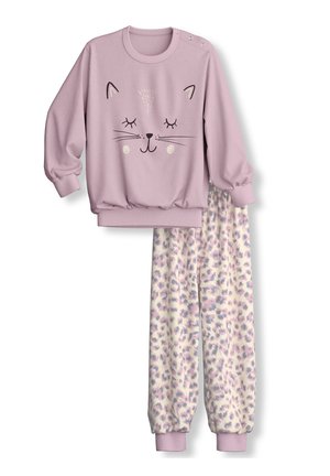 Haut rose à manches longues pour enfants avec un motif visage de chat et pantalon assorti imprimé léopard avec des poignets roses.