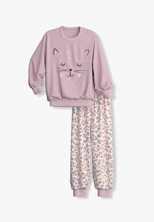 Kinder rosa Langarmshirt mit Katzen-Gesichtsaufdruck und passende Leopardenmuster-Hose mit rosa Bündchen.