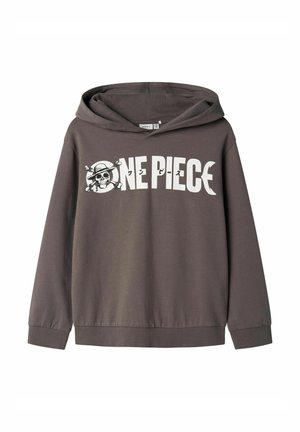 Grijze hoodie met een groot wit "ONE PIECE"-logo en een schedelafbeelding met gekruiste botten. Gemaakt van katoen, ontspannen pasvorm.