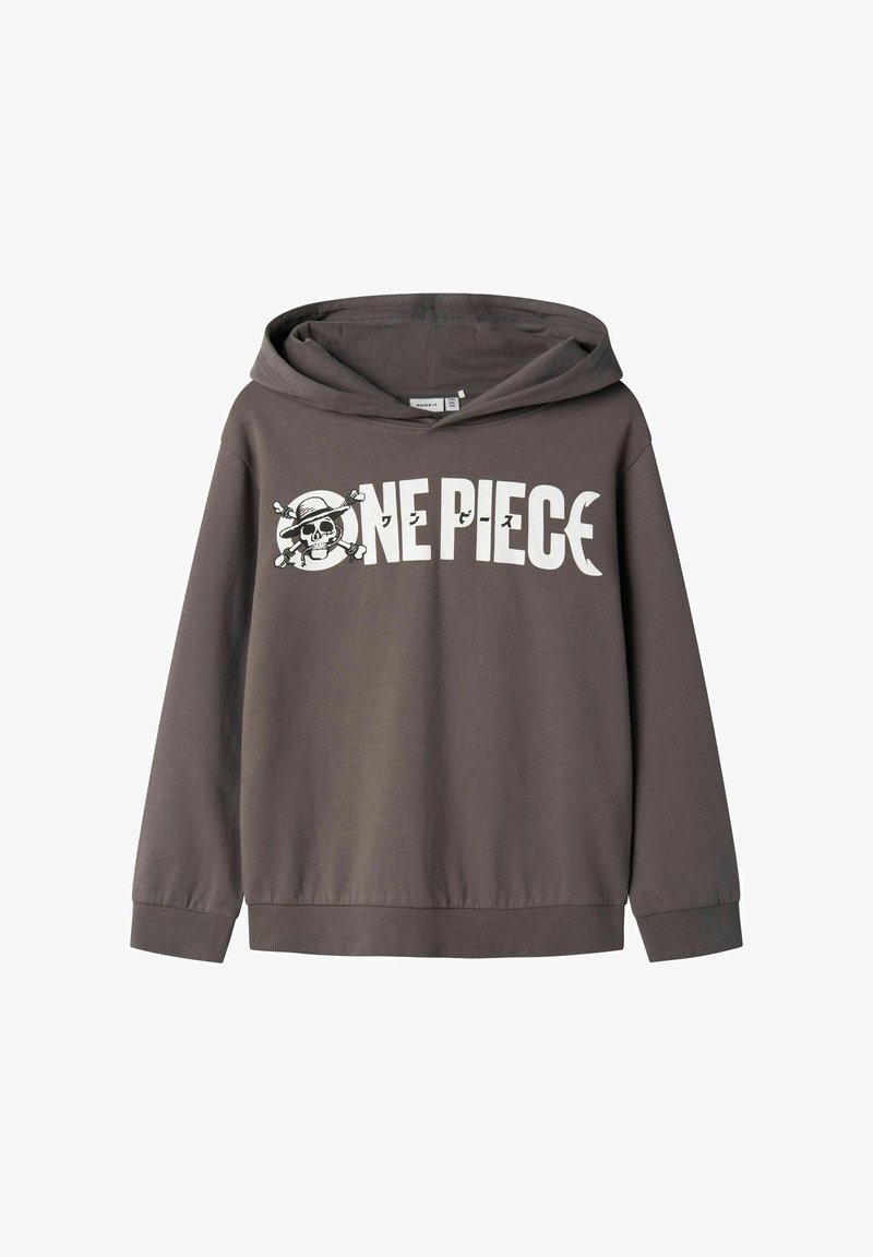 Felpa grigia con cappuccio, caratterizzata da una grande scritta bianca "ONE PIECE" e un grafico di teschio con ossa incrociate. Materiale in cotone, vestibilità rilassata.