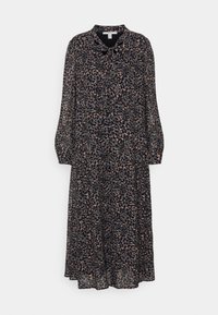 Vestido de manga longa até ao joelho em preto com um padrão disperso em rosa e creme, apresentando um decote com gola e fecho de botão.