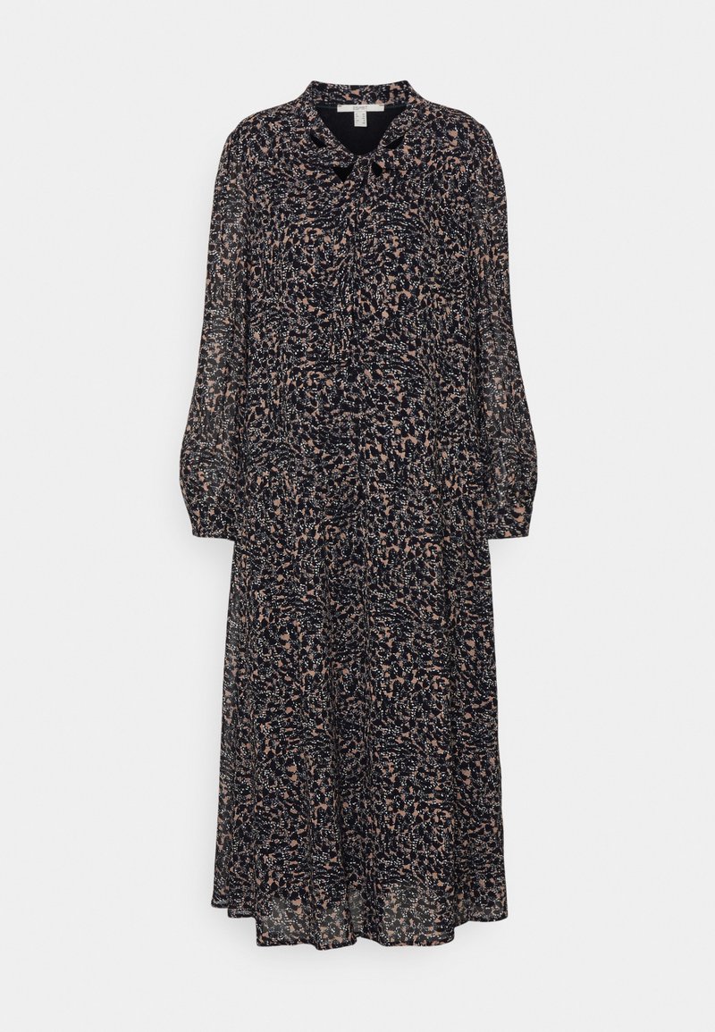 Vestido de manga longa até ao joelho em preto com um padrão disperso em rosa e creme, apresentando um decote com gola e fecho de botão.