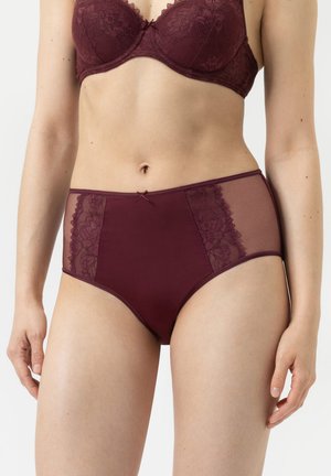 Burgundy high-waisted panties featuring lace side panels, a smooth waistband, and a decorative bow in the front center. Soft texture.
