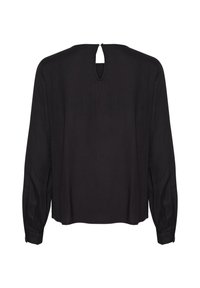 Blouse noire à manches longues, en tissu doux avec un col rond et un détail en trou de serrure à l'arrière. Manchons ajustés et coupe décontractée tout au long.