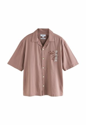 Korteærmet skjorte med knapper i støvet rosa stof, med et blomstermønster i beige og en afslappet pasform med krave og frontknapper.