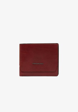 Brown textured leather wallet with visible stitching and a small metal brand logo centered on the front flap.