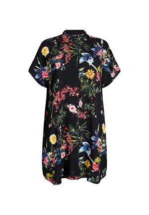 Sort kortærmet blomsterkjole med knapper foran og farverige mønstre af pink, gul, rød og grønne blomster og blade.